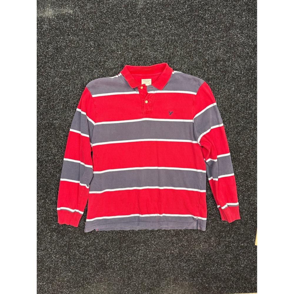 American Eagle Mens Medium Red Grey Striped Long Sleeve Rugby Polo Shirt